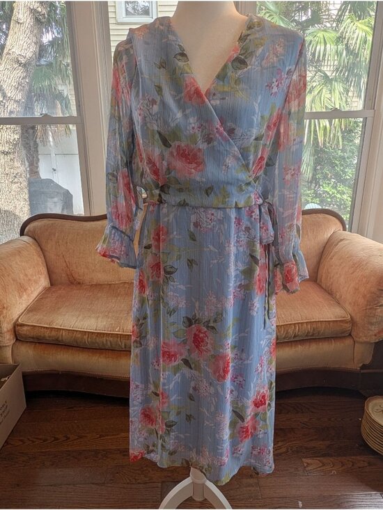Dresses & Skirts - Whimsical Rose Print Maxi Wrap Dress Size L Flowing Light Blue Fairy Ethereal